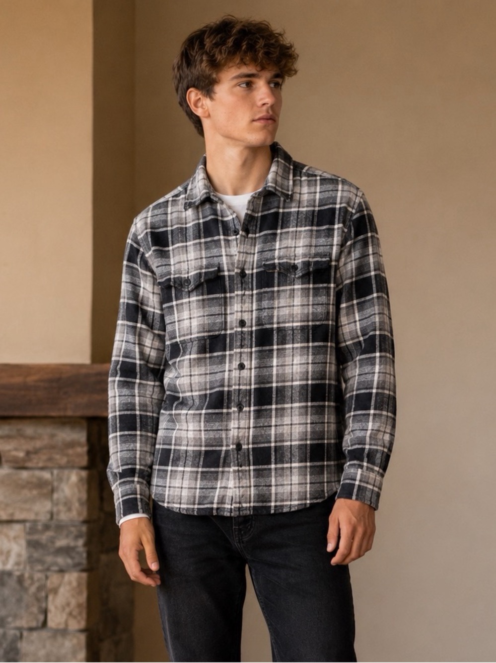 American Eagle Outfitters Black & White Plaid Button-Down Shirt